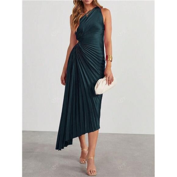 NEW - Elegant Dark Green Ruched Flare Asymmetric Shoulder Elegant Cocktail Dress - Picture 3 of 8